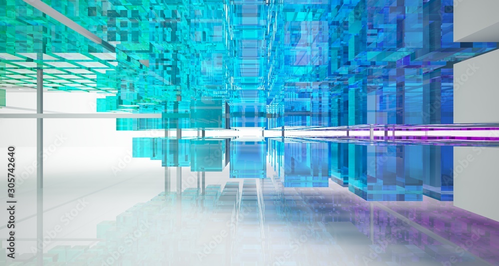 Obraz premium Abstract white and colored gradient glasses interior from array cubes with large window. 3D illustration and rendering.