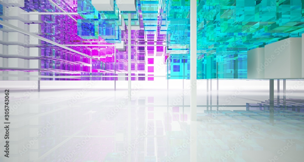Fototapeta premium Abstract white and colored gradient glasses interior from array cubes with large window. 3D illustration and rendering.