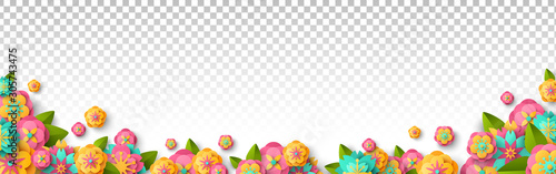 Spring flowers isolated on transparent background. Bright summer overlay effect, fresh floral border. Vector illustration.