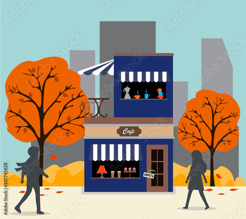 Vector background with cafe or restaurant building in the park among autumn trees. People on the street. Building's facade. A cozy cafe in the autumn park. Suitable for postcards or backgrounds.