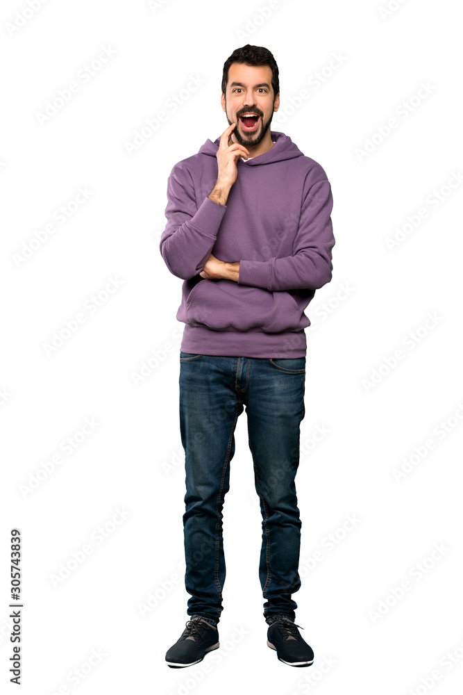 Full-length shot of Handsome man with sweatshirt with surprise and shocked facial expression over isolated white background Full-length shot of Handsome man with sweatshirt with surprise and shocked facial expression over isolated white background