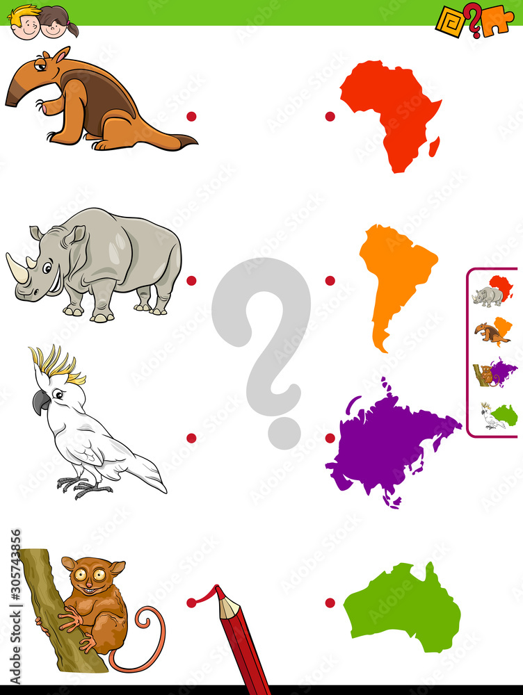 Obraz premium match animals and continents educational game for kids