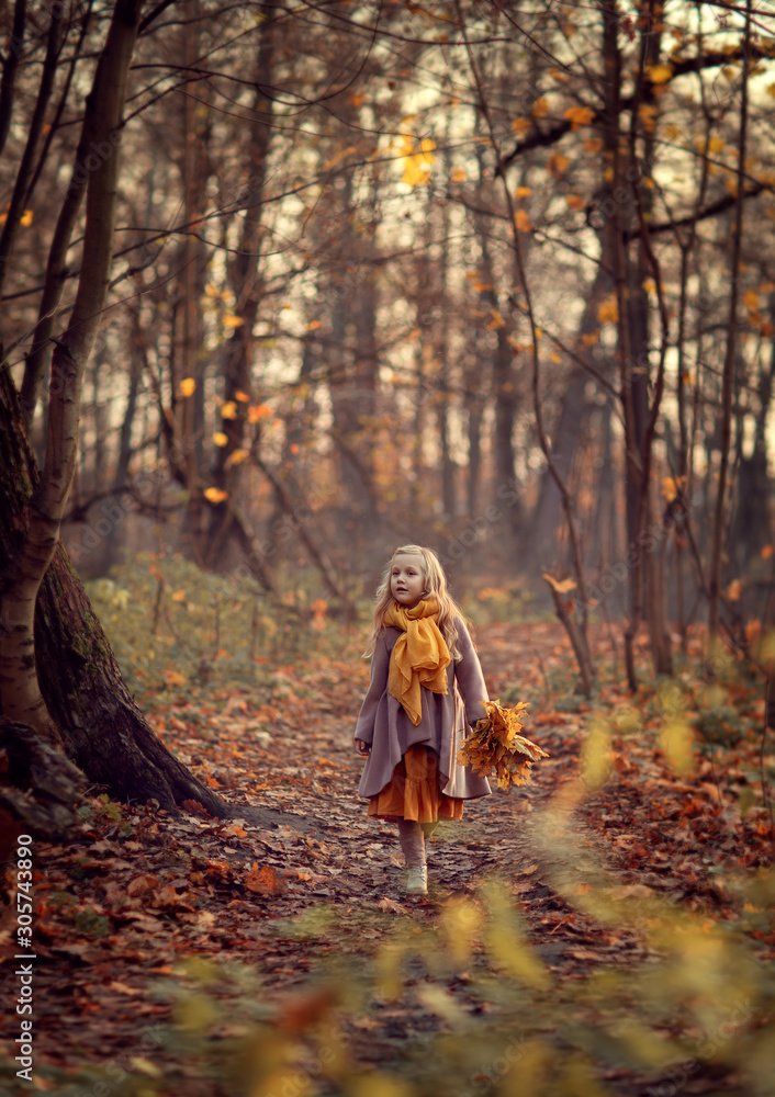Girl walking in an autumn park with yellow leaves Girl walking in an autumn park with yellow leaves