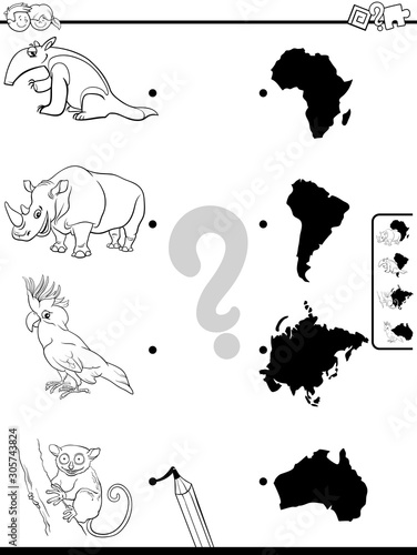 match animals and continents game coloring book