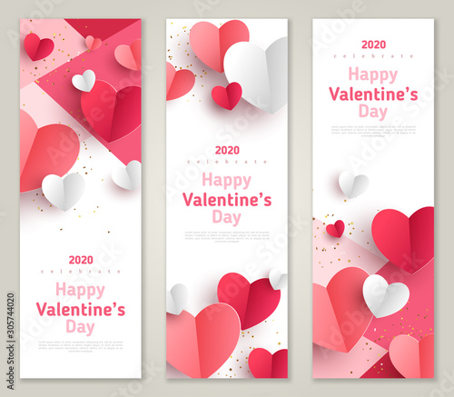 Valentine's day concept, vertical banners set. Vector illustration. 3d red and pink paper hearts frame. Cute love sale banner or greeting card