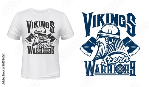 Scandinavian Vikings, vector T-shirt grunge print template mockup. Scandinavia and Nordic stern warrior man head with weapon axes in armor helmet and Agishyalm symbol on shield