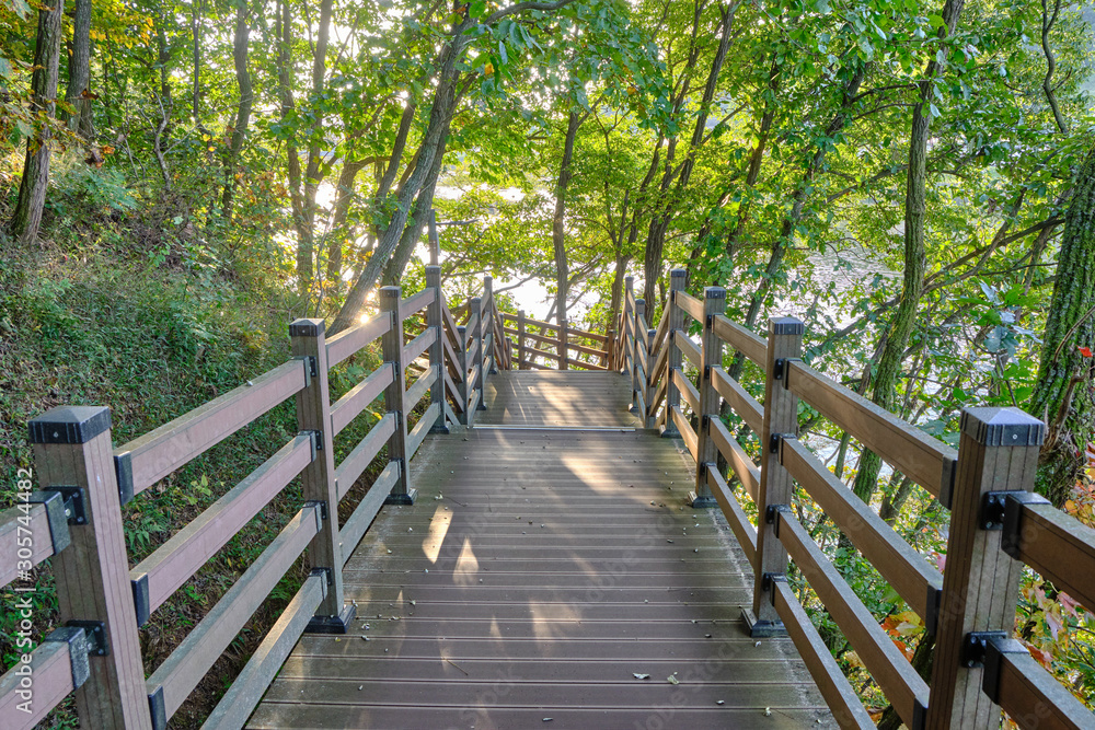 Scenic view of wooden path in forest on bank of Nakdong River in Andong in South Korea. Beautiful summer sunny look of authentic trail in park in small town in Republic of Korea.