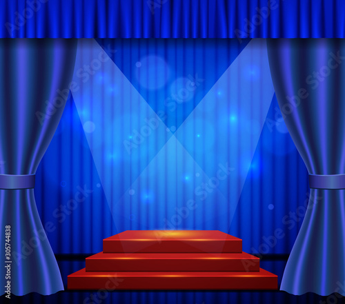 Empty scene with stage podium and blue curtain