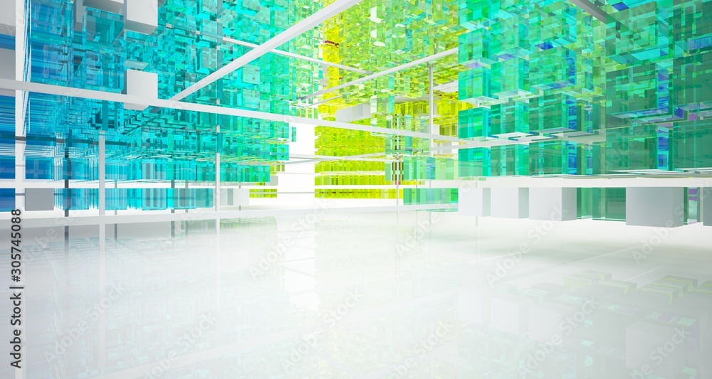 Obraz premium Abstract white and colored gradient glasses interior from array cubes with large window. 3D illustration and rendering.