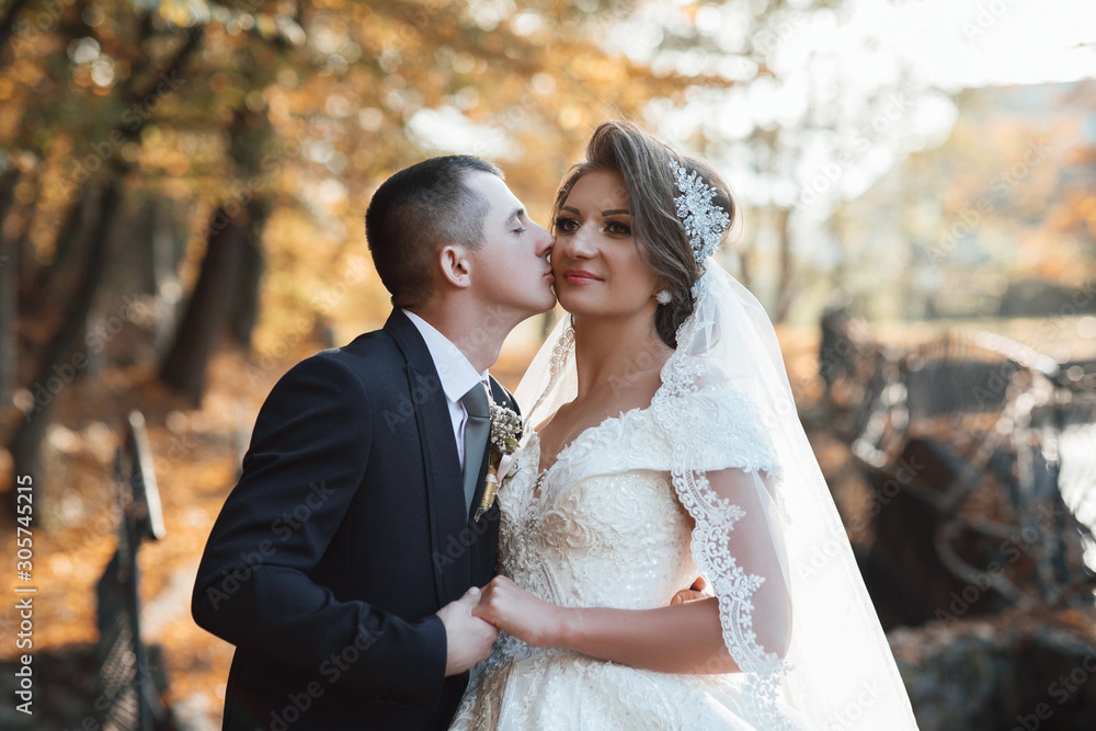 The groom kisses the bride's cheek. Newly wed couple going crazy. Groom and bride together. Elegant bride and groom posing together outdoors. Cheerful wedding couple hugs. Autumn wedding The groom kisses the bride's cheek. Newly wed couple going crazy. Groom and bride together. Elegant bride and groom posing together outdoors. Cheerful wedding couple hugs. Autumn wedding