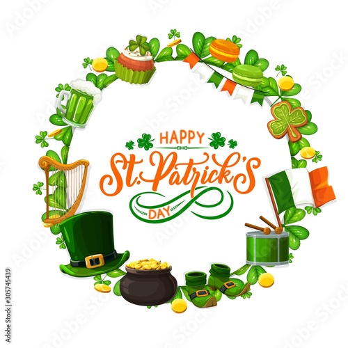 Saint Patricks day frame of holiday symbols. Vector border of green shamrock leaves, mug of beer and gingerbread cookies. National flag of Ireland, leprechauns hat and pot of gold, harp and shoes
