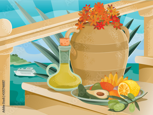 still life of wine, vases, fruits, vegetables, lemon, avacado, banana, mango stands on the terrace against the backdrop of the sea landscape in summer, calm, silence, rest,