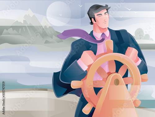 a man stands at the helm and confidently conducts his business forward, looking fearlessly forward despite adversity, wind and obstacles, vector illustration