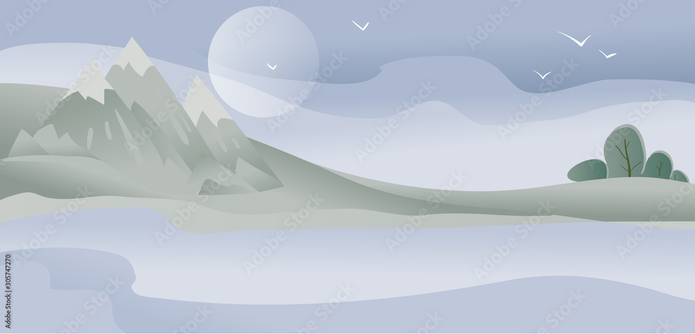 blue natural background with moon, mountains and forest, all in fog,