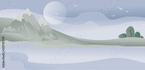 blue natural background with moon  mountains and forest  all in fog 