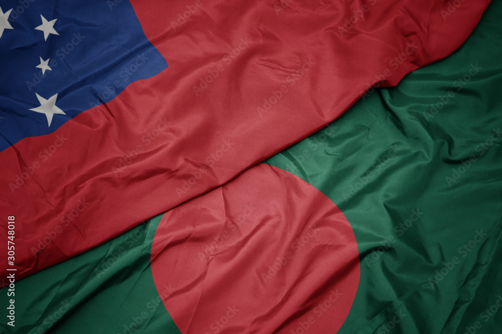 waving colorful flag of bangladesh and national flag of Samoa .