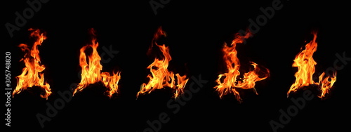 A large group of flaming fire sets On a black background