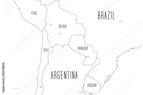 Map of Central part of South America. Handdrawn doodle style. Vector illustration