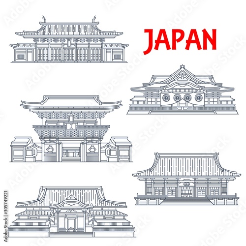 Japanese travel landmark vector icons. Shingon Buddhist temple Gokoku-ji, Imperial Shrine of Yasukuni and Zen Buddhist Sengaku-ji Temple, Kanda Myojin Shrine and Confucian temple Yushima Seido