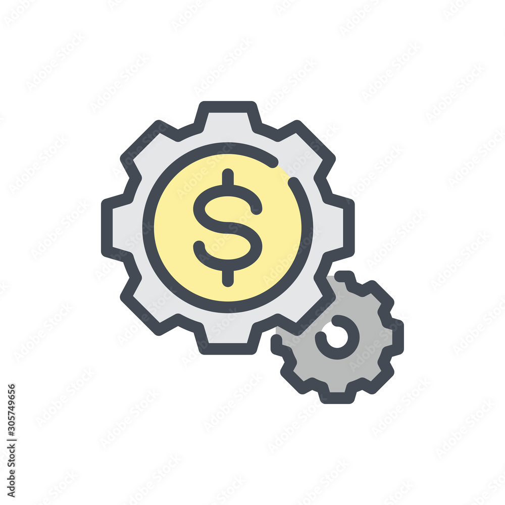 Financial preferences and progress color line icon. Gears with dollar vector outline colorful sign. Financial preferences and progress color line icon. Gears with dollar vector outline colorful sign.