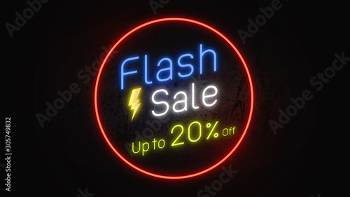 Flash sale 20%. Neon sign banner promo background. Concept of sale and clearance