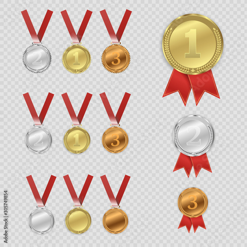 Champion medails with red ribbon. Banner. Winner award competition, prize medal and banner for text. Award medals isolated on transparent background. Vector illustration of winner concept.
