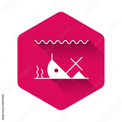 White Sunken ship at the bottom of the sea icon isolated with long shadow. Pink hexagon button. Vector Illustration