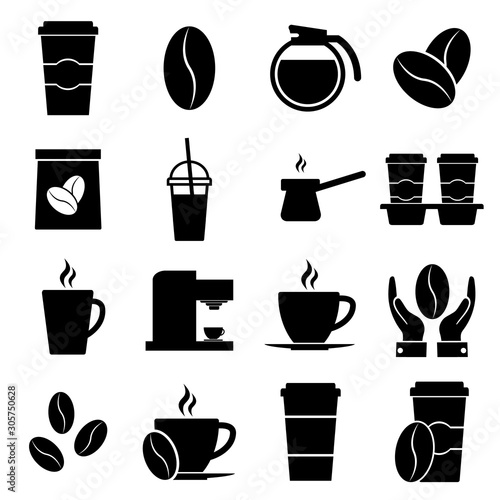 Coffee set icons, logo isolated on white background. Coffee is hot in glasses and cups