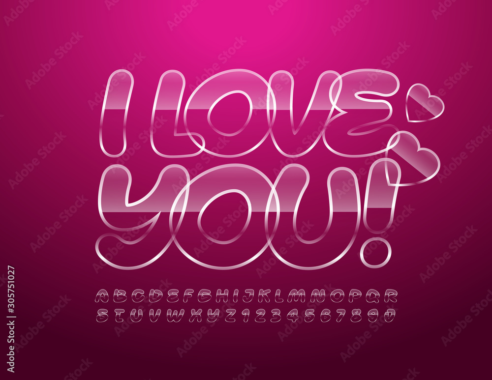 Vector greeting card I Love You with glass style Font. Transparent Alphabet Letters and Numbers