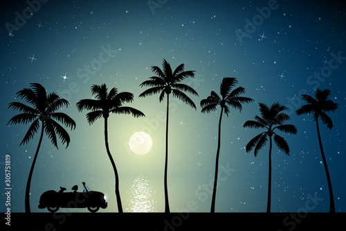 Retro car on palm beach on moonlit night. Vector illustration with silhouettes of woman and dog traveling in camper. Family road trip. Full moon in starry sky