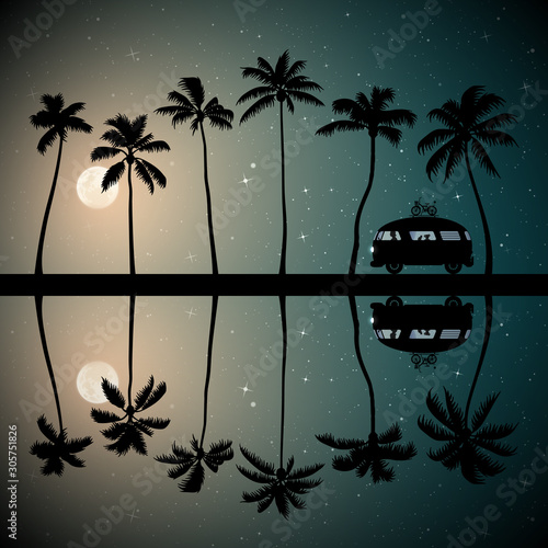 Retro car on palm beach on moonlit night. Vector illustration with silhouettes of people and cat traveling in camper. Family road trip. Full moon in starry sky