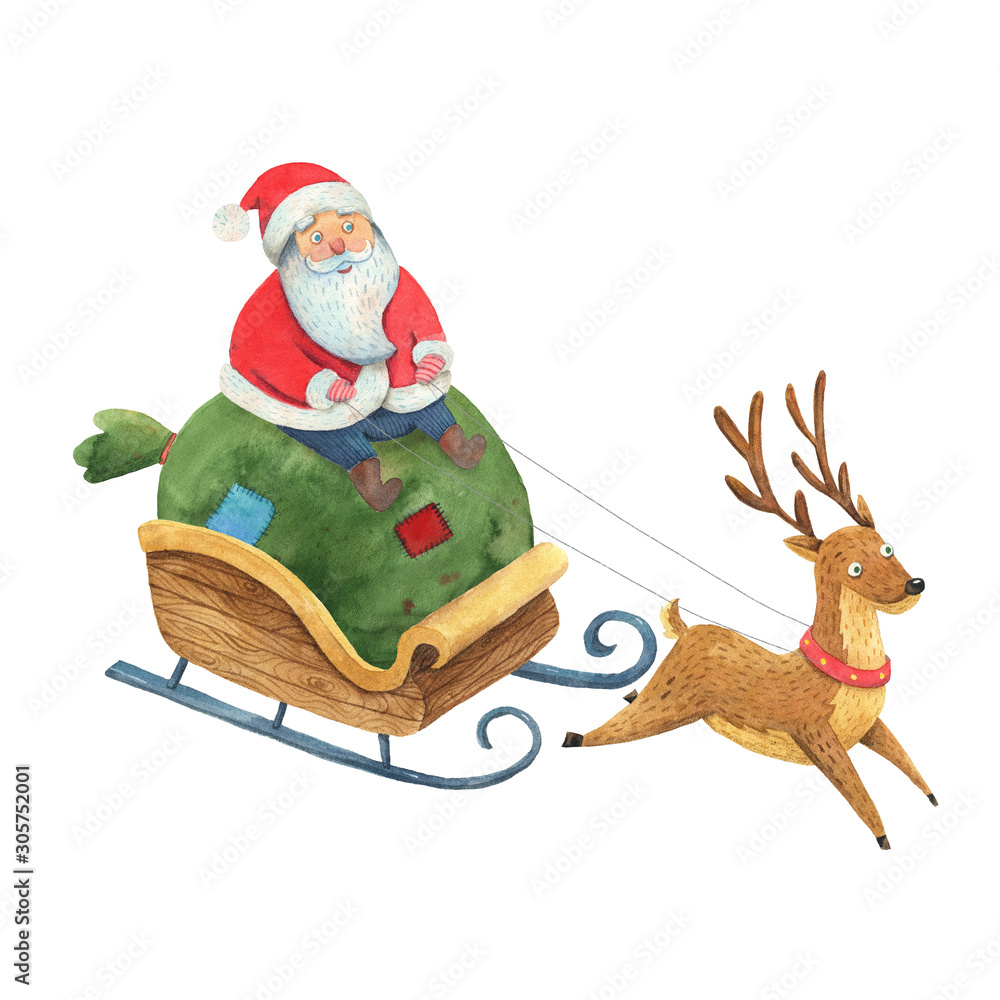 Santa Claus is riding a sleigh with a deer. Watercolor Santa sitting on a  bag of gifts. Happy new year isolated illustration. Christmas fun costume  character. Stock Illustration | Adobe Stock