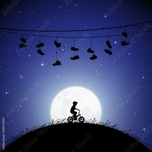Little boy on bicycle on moonlit night. Vector illustration with silhouette of lonely bicyclist on bike. Shoes hanging on wires. Full moon in starry sky
