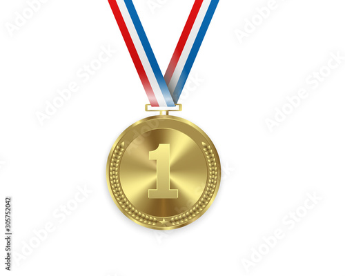 Champion medails with red ribbon. Banner. Winner award competition, prize medal and banner for text. Award medals isolated on transparent background. Vector illustration of winner concept.