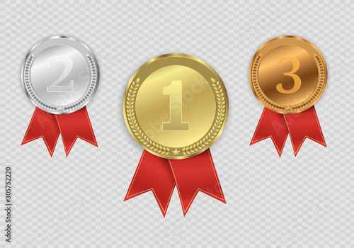 Champion medails with red ribbon. Banner. Winner award competition, prize medal and banner for text. Award medals isolated on transparent background. Vector illustration of winner concept.