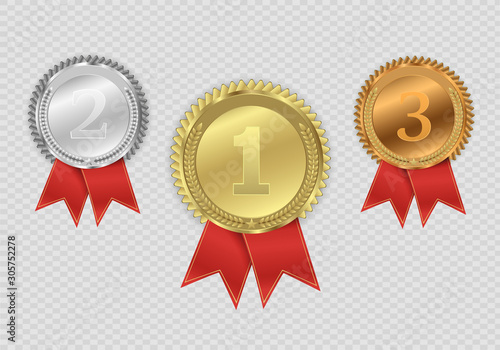 Champion medails with red ribbon. Banner. Winner award competition, prize medal and banner for text. Award medals isolated on transparent background. Vector illustration of winner concept.