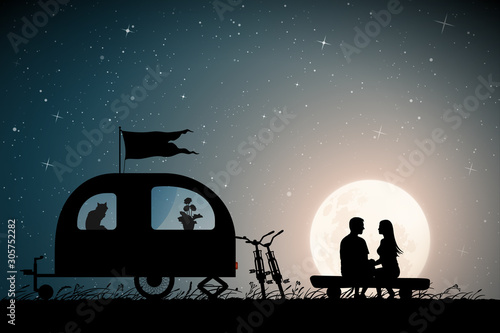 Lovers near camper trailer on moonlit night. Vector illustration with silhouette of couple sitting on log on campsite. Family road trip. Full moon in starry sky