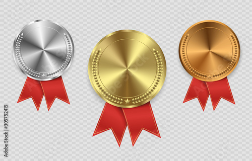 Champion medails with red ribbon. Banner. Winner award competition, prize medal and banner for text. Award medals isolated on transparent background. Vector illustration of winner concept.