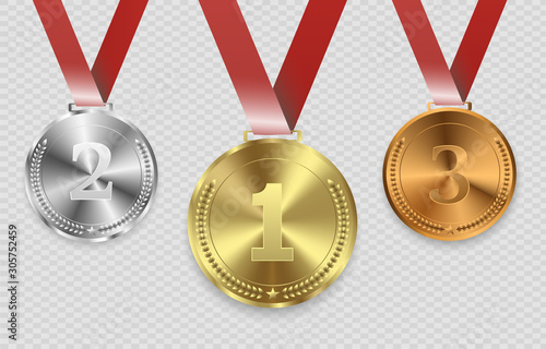 Champion medails with red ribbon. Banner. Winner award competition, prize medal and banner for text. Award medals isolated on transparent background. Vector illustration of winner concept.