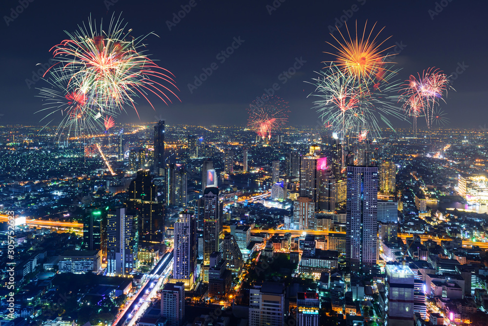 Fototapeta premium high view of city with fireworks