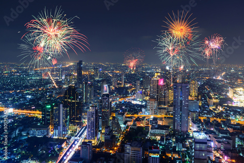 high view of city with fireworks