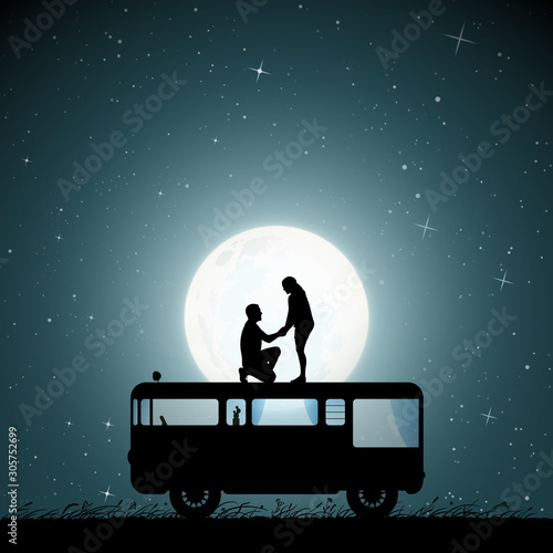 Lovers on roof of retro car on moonlit night. Romantic marriage proposal. Vector illustration with silhouette of loving couple. Family road trip. Full moon in starry sky
