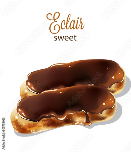 Sweet eclairs with chocolate glaze on top. Isolated
