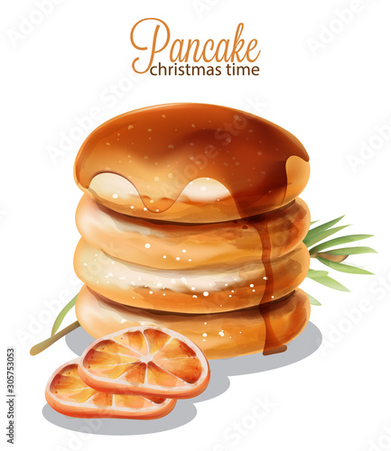 Pancakes dripping with syrup. Orange slices and fir tree leaves. Isolated. Christmas morning dessert vector