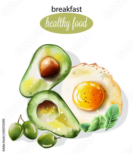 Healthy breakfast with avocado, fried egg, mint and olives. Watercolor food v...