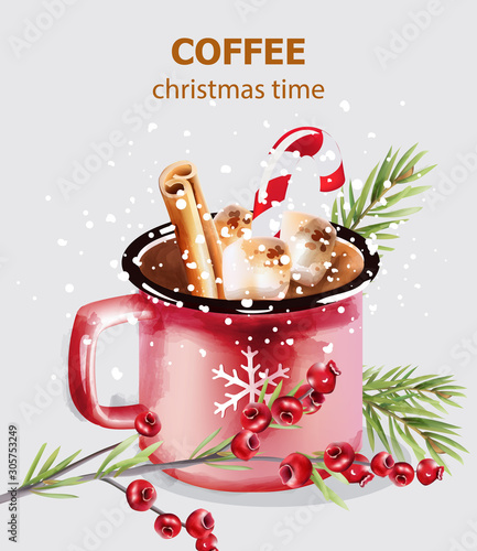 Christmas time red coffee cup with marshmallows, lollipop and cinnamon sticks. Fir tree leaves and cranberry decorations. Holiday beverages vector