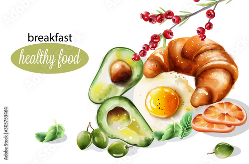Healthy breakfast with avocado, fried egg, mint, cranberry, croissant and oli...