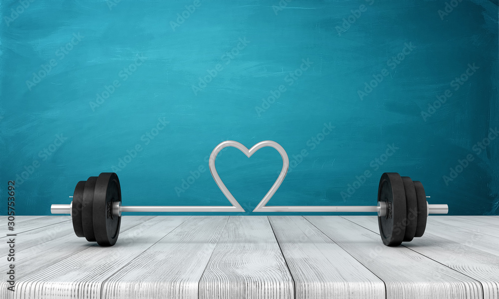 3d rendering of barbell with its bar bent in shape of heart in the middle, on wooden surface near blue wall. - obrazy, fototapety, plakaty 