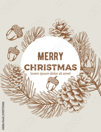Merry christmas wreath sketch style composition with nuts, pine cones and fir...