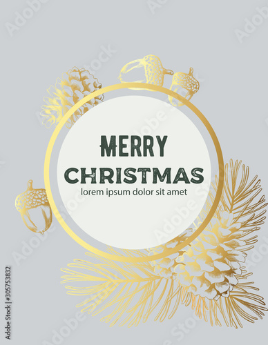 Merry christmas golden wreath sketch style composition with nuts, pine cones ...